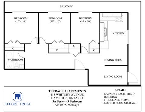 A floor plan of a three bedroom apartment with a living room, dining room, kitchen and three bathrooms.